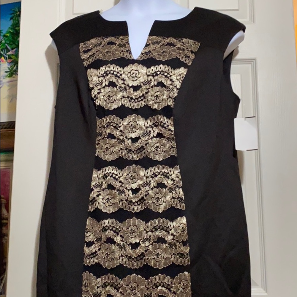 connected apparel Black Midi Dress with Gold Lace Panel